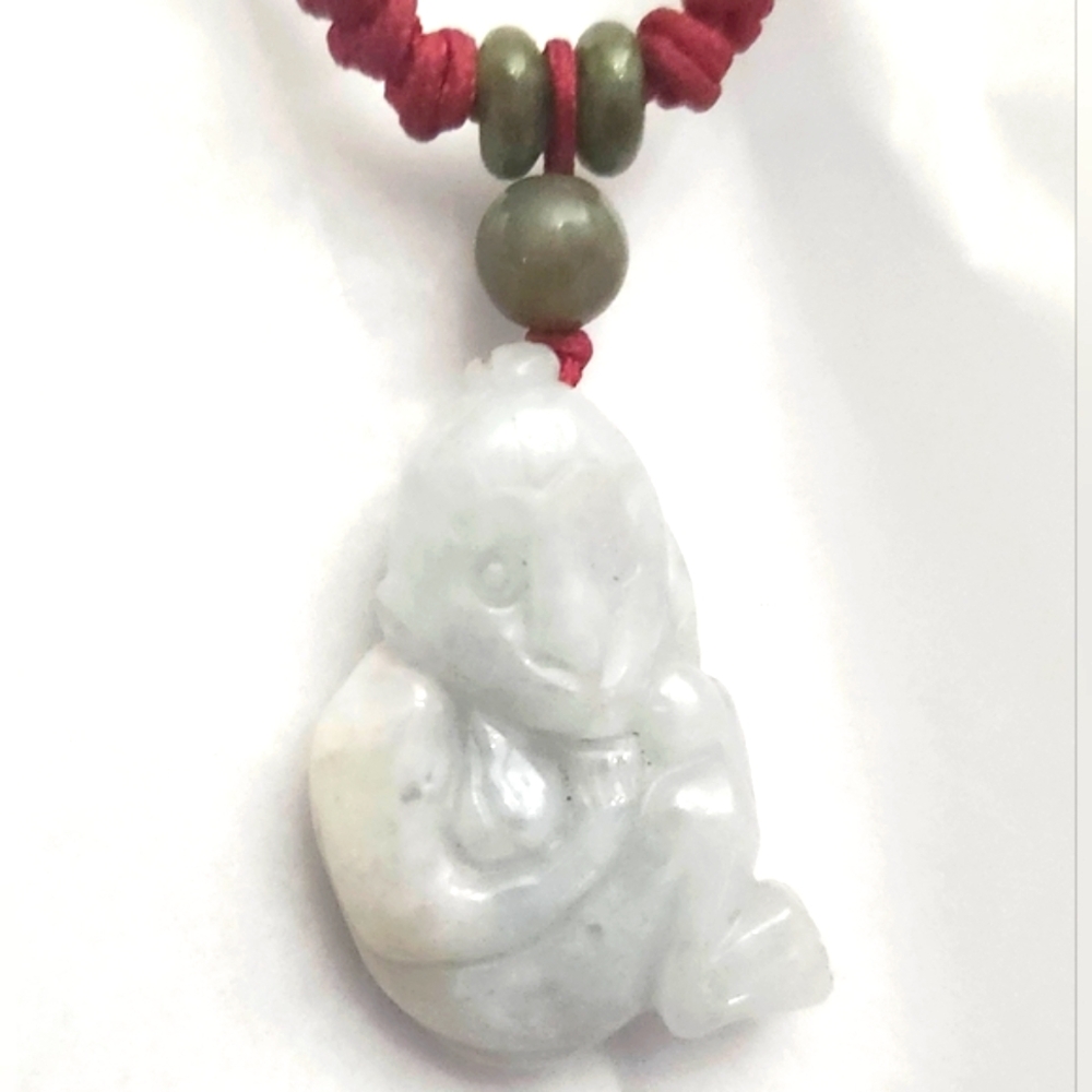 Vtg  Carved Jadeite Jade Monkey Zodiac Adjustable Woven Necklace